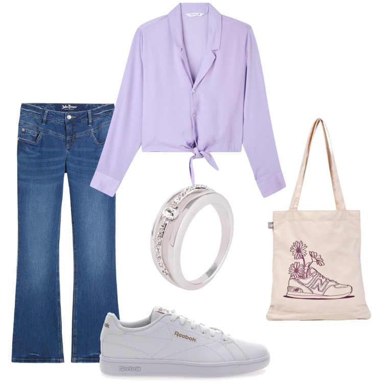 Outfit donna - Total look #2125057. Stile Casual per Tutti i giorni. Abbinamento con anelli, jeans bootcut, camicie, shopping bag, sneakers.