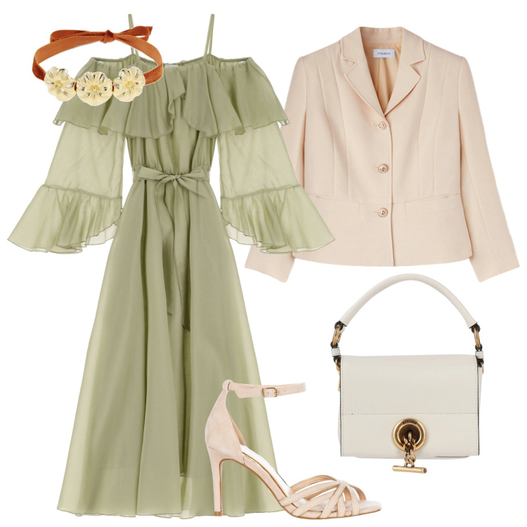 Outfit donna - Abito verde. Stile Casual chic per Serata fuori. Abbinamento con borse a mano, vestiti lunghi, sandali col tacco, blazer, collane.