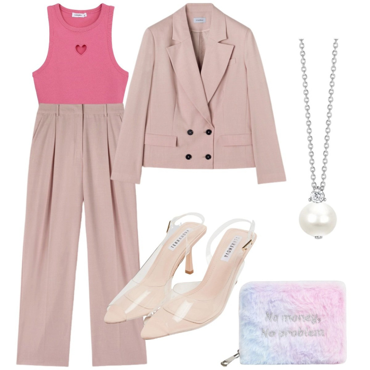 Outfit donna - Boh. Stile Casual chic per Cerimonia. Abbinamento con sandali col tacco, portafogli, canottiere, collane, blazer, pantaloni a palazzo.