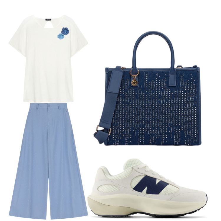 Outfit donna - Aperitivo. Stile Trendy per Tutti i giorni. Abbinamento con sneakers, pantaloni, t-shirt, borse a mano.