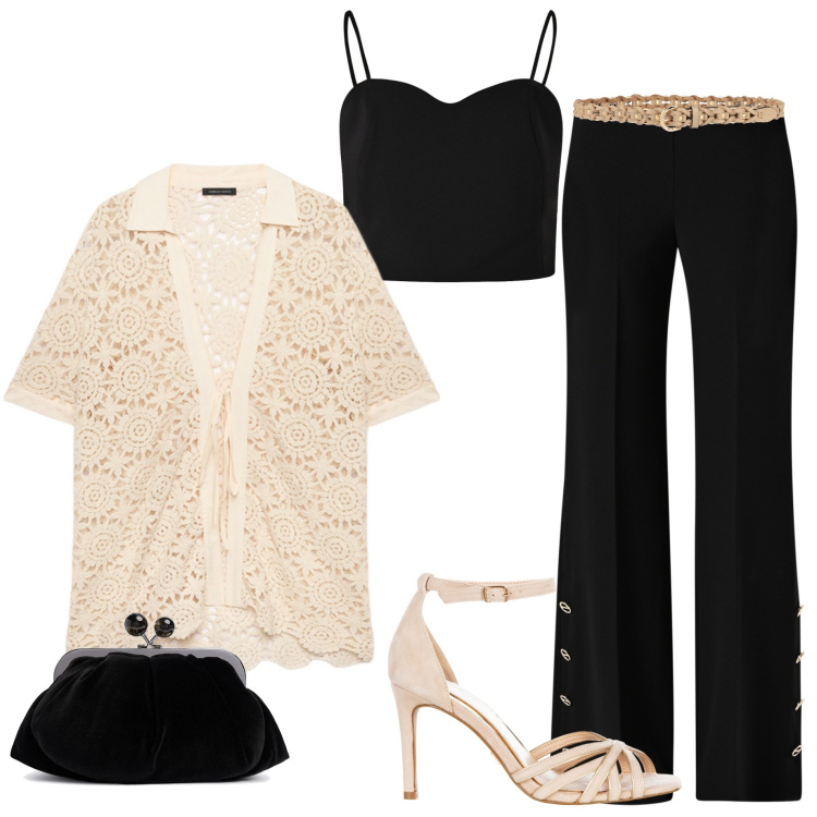 Outfit donna - Serata fuori. Stile Chic per Serata fuori. Abbinamento con cinture, sandali col tacco, pantaloni a palazzo, top, camicie a manica corta, pochette.