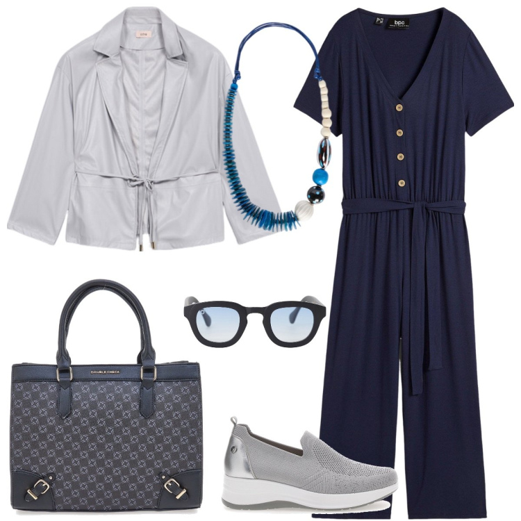 Outfit donna - La tuta blu. Stile Casual per Tutti i giorni. Abbinamento con tute, occhiali da sole, mocassini, borse a tracolla, blazer, collane.