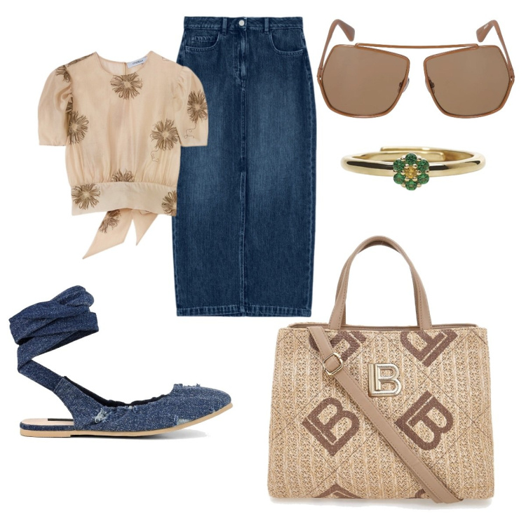 Outfit donna - Primo caldo. Stile Casual per Tutti i giorni. Abbinamento con anelli, ballerine, gonne longuette, occhiali da sole, borse a tracolla, bluse.
