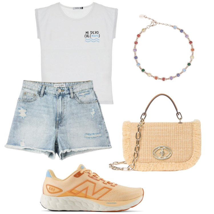 Outfit donna - MI DEVO CAL(mare). Stile Casual per Tutti i giorni. Abbinamento con shorts, braccialetti, sneakers, t-shirt, borse a tracolla.