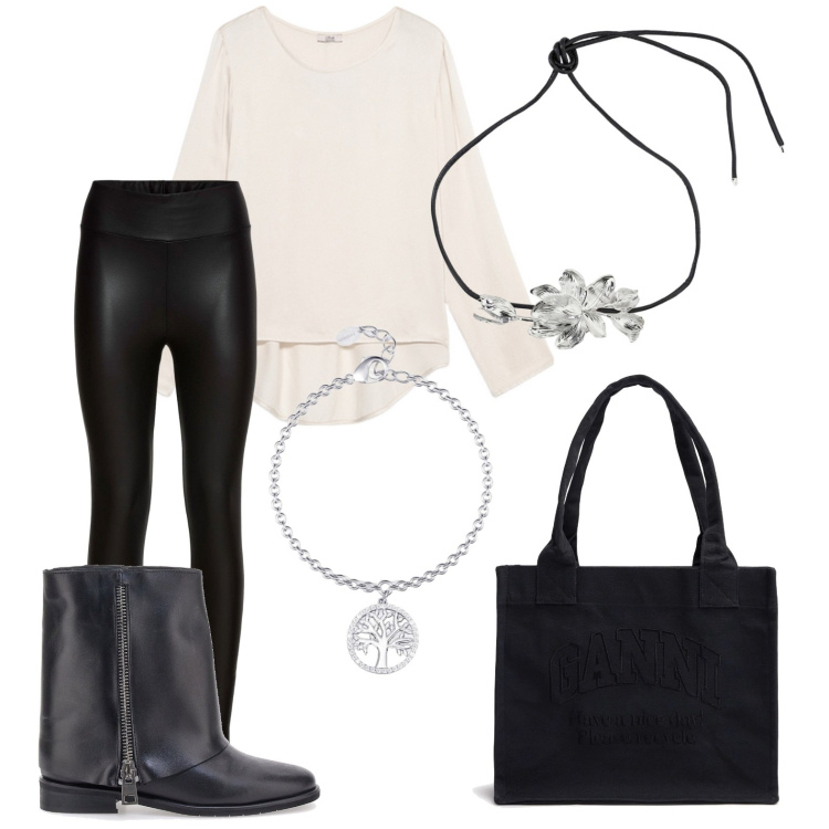 Outfit donna - Total look #2125097. Stile Trendy per Tutti i giorni. Abbinamento con treggings, braccialetti con ciondoli, collane, stivaletti, shopping bag, bluse.
