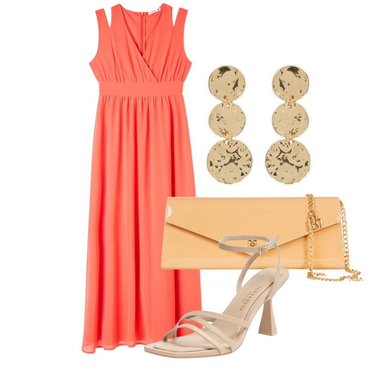 Outfit donna - Maggio. Stile Chic per Cerimonia. Abbinamento con vestiti lunghi, sandali col tacco, pochette, orecchini.