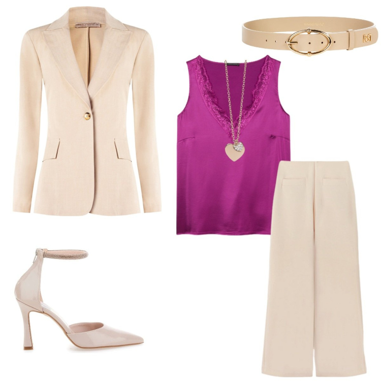 Outfit donna - Invitata alla laurea. Stile Bon Ton per Cerimonia. Abbinamento con ciondoli, blazer, cinture, décolleté, top, pantaloni a palazzo.