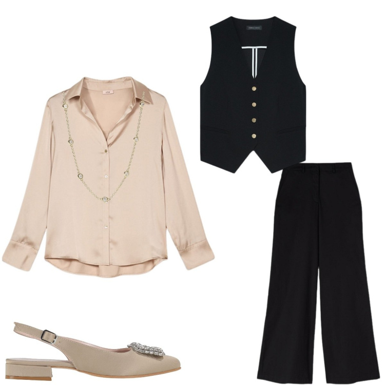 Outfit donna - Invitata. Stile Casual chic per Cerimonia. Abbinamento con ballerine, collane, gilet, camicie, pantaloni a palazzo.