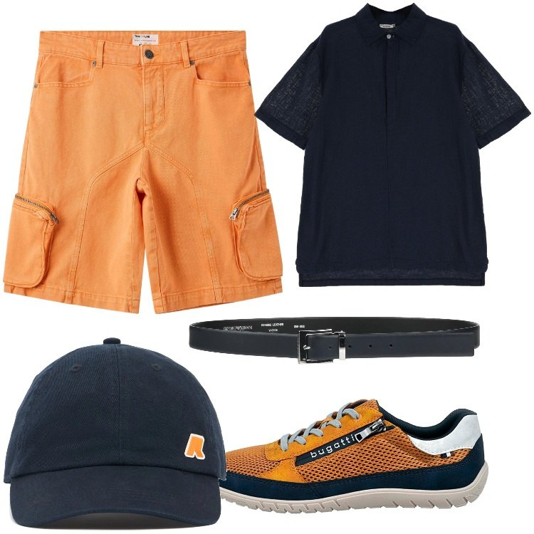 Outfit uomo - Total look #2125118. Stile Casual per Mare. Abbinamento con cinture, pantaloni corti, polo, scarpe stringate, cappelli.