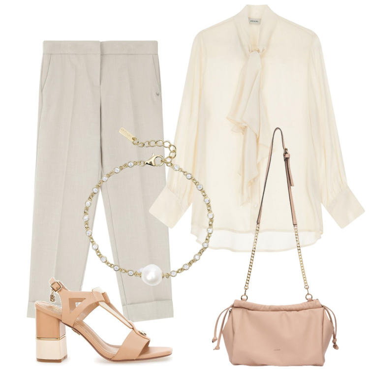 Outfit donna - In chiaro. Stile Chic per Ufficio. Abbinamento con braccialetti, pantaloni, bluse, sandali col tacco, borse a tracolla.