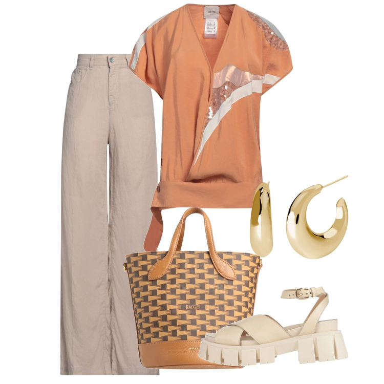 Outfit donna - Maggio. Stile Chic per Tutti i giorni. Abbinamento con top, jeans, sandali in pelle, borse a secchiello, orecchini.