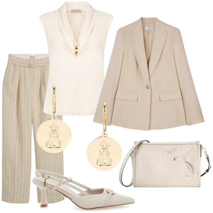 Outfit donna - Total look #2125121. Stile Chic per Cerimonia. Abbinamento con pantaloni, bluse, orecchini, décolleté, blazer, borse a tracolla.