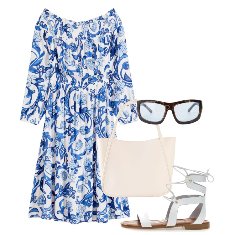 Outfit donna - Maggio in Provenzale. Stile Romantica per Tutti i giorni. Abbinamento con vestiti, shopping bag, occhiali da sole, sandali.