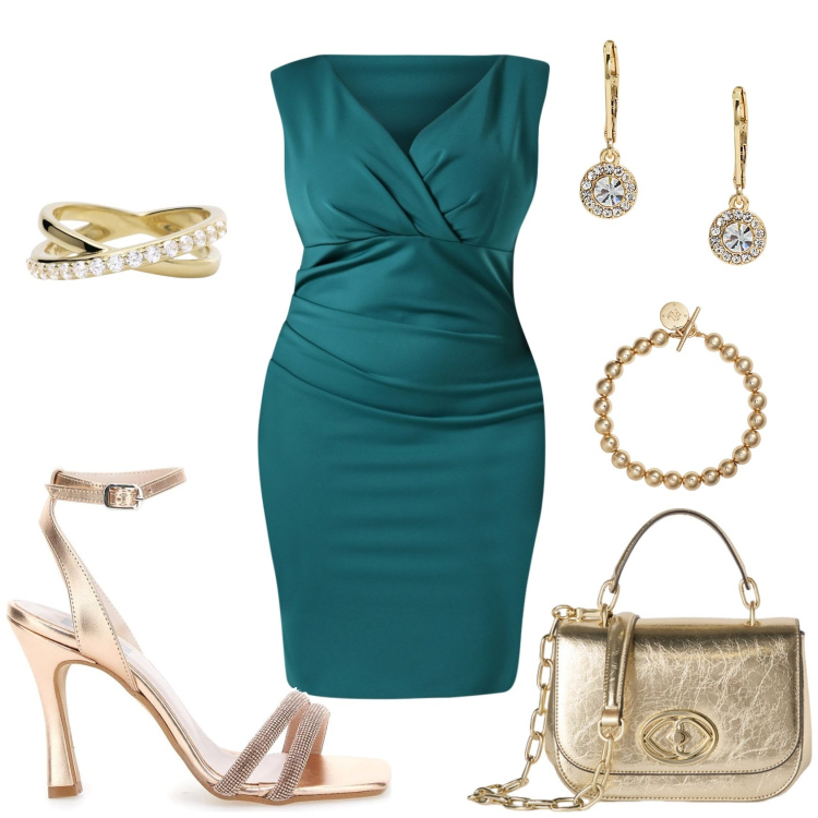 Outfit donna - Serata estiva. Stile Chic per Serata fuori. Abbinamento con vestiti a tubino, anelli, braccialetti, orecchini, sandali col tacco, borse a tracolla.