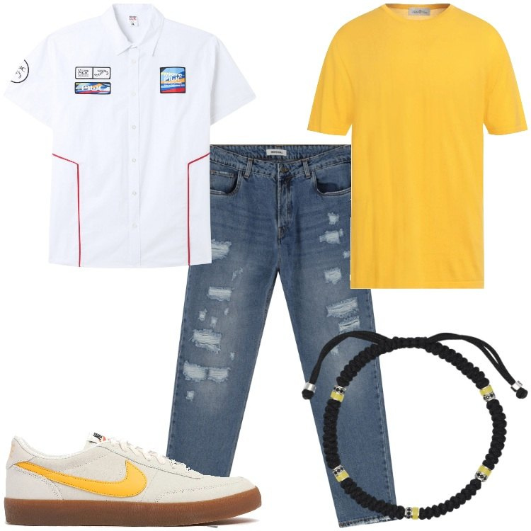 Outfit uomo - Giallo come il sole d\'estate. Stile Casual per Tutti i giorni. Abbinamento con t-shirt, camicie a manica corta, braccialetti, jeans, sneakers.