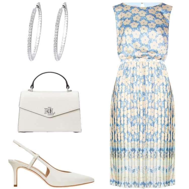 Outfit donna - Abito midi floreale azzurro. Stile Chic per Cerimonia. Abbinamento con vestiti midi/longuette, orecchini, décolleté, borse a mano.