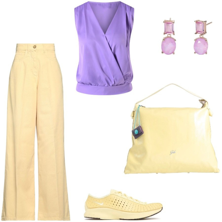 Outfit donna - Summer color. Stile Casual chic per Ufficio. Abbinamento con pantaloni, borse a mano, orecchini, top, sneakers.