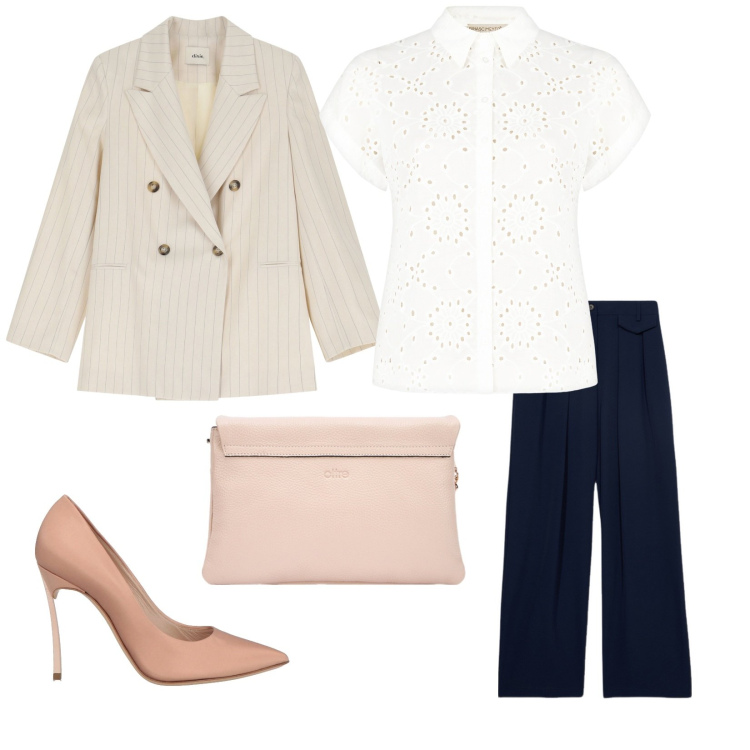 Outfit donna - Tailleur per l\' occasione. Stile Casual chic per Cerimonia. Abbinamento con décolleté, camicie a manica corta, blazer, borse a tracolla, pantaloni a palazzo.