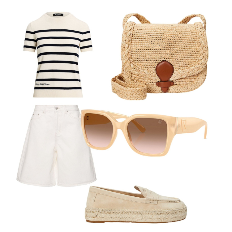 Outfit donna - Skipper per un giorno. Stile Sporty chic per Tutti i giorni. Abbinamento con occhiali da sole, maglieria, espadrillas, borse a tracolla, bermuda.