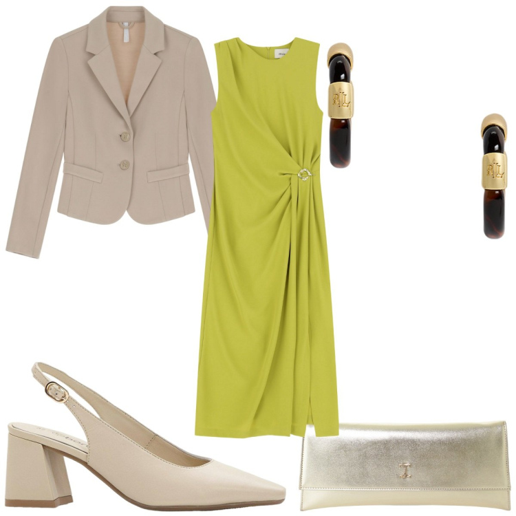 Outfit donna - Total look #2125143. Stile Trendy per Cerimonia. Abbinamento con décolleté, blazer, pochette, vestiti midi/longuette, orecchini.