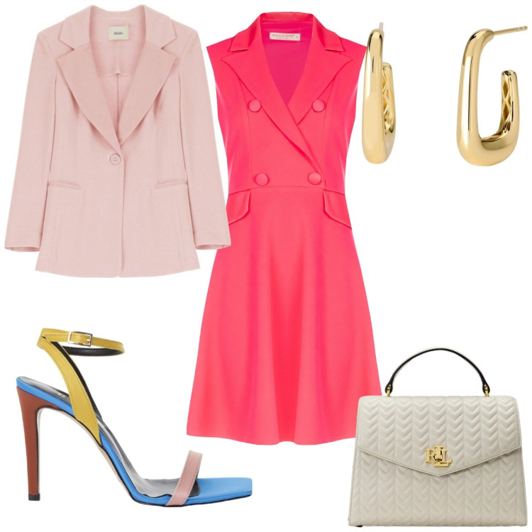Outfit donna - Total look #2125145. Stile Trendy per Cerimonia. Abbinamento con orecchini, vestiti midi/longuette, blazer, sandali col tacco, borse a mano.