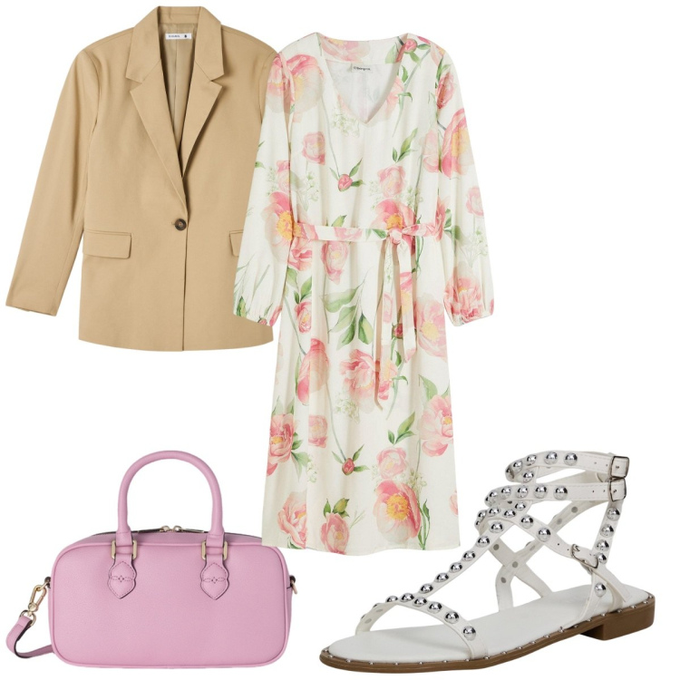 Outfit donna - Total look #2125152. Stile Trendy per Cerimonia. Abbinamento con vestiti midi/longuette, blazer, sandali, borse a mano.