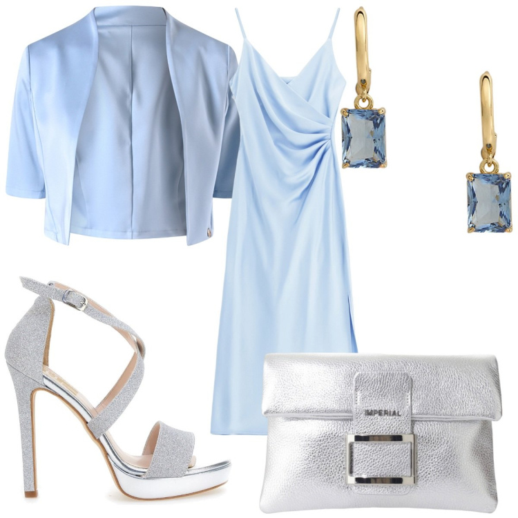 Outfit donna - Total look #2125154. Stile Chic per Cerimonia. Abbinamento con bolero, vestiti midi/longuette, pochette, orecchini, sandali col tacco.