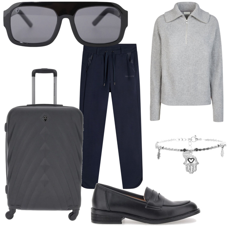 Outfit donna - Un viaggio da lui. Stile Mannish per Tutti i giorni. Abbinamento con occhiali da sole, braccialetti, pantaloni, polo, mocassini, valigie.