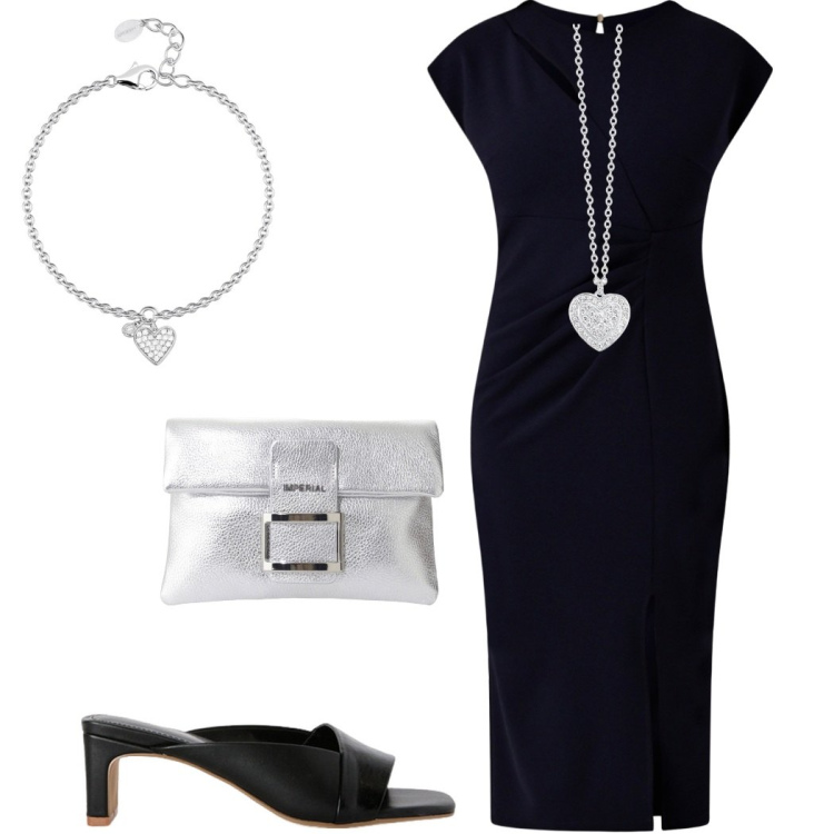 Outfit donna - Abito midi. Stile Chic per Serata fuori. Abbinamento con pochette, collane, braccialetti con ciondoli, vestiti midi/longuette, sabot.
