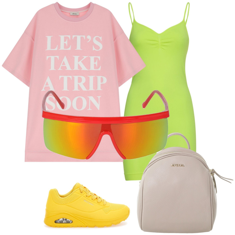 Outfit donna - Fluo con tocco bon ton. Stile Trendy per Sport. Abbinamento con zaini, vestiti corti, sneakers, tuta corta, occhiali da sole.