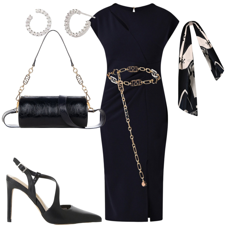 Outfit donna - Il tubino nero. Stile Chic per Cerimonia. Abbinamento con orecchini, vestiti midi/longuette, cinture, sciarpe, borse a mano, décolleté.