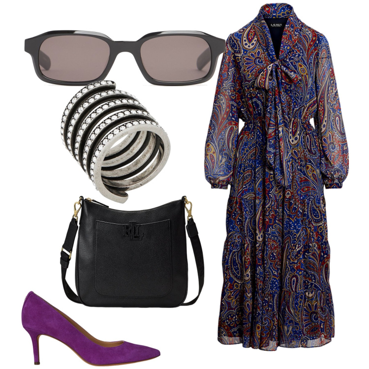 Outfit donna - Alla riunione stamattina. Stile Chic per Ufficio. Abbinamento con anelli, borse a tracolla, décolleté, vestiti, occhiali da sole.
