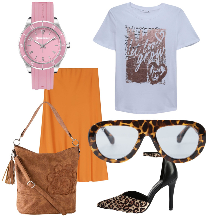 Outfit donna - Inaspettato tocco rosa. Stile Urban per Ufficio. Abbinamento con borse a mano, t-shirt, décolleté, occhiali da sole, orologi, gonne longuette.