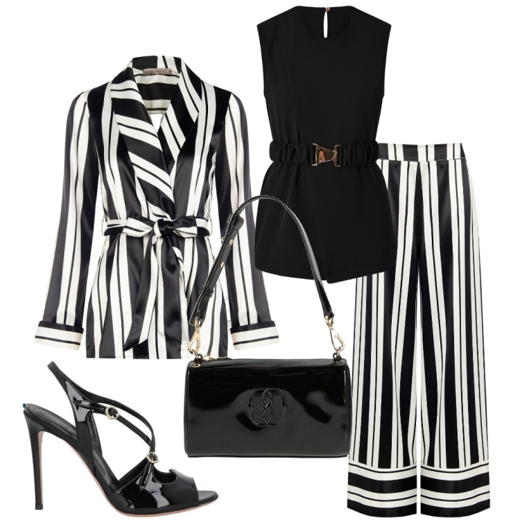 Outfit donna - Eleganza del tailleur. Stile Chic per Cerimonia. Abbinamento con borse a mano, sandali in pelle, pantaloni a palazzo, blazer, bluse.
