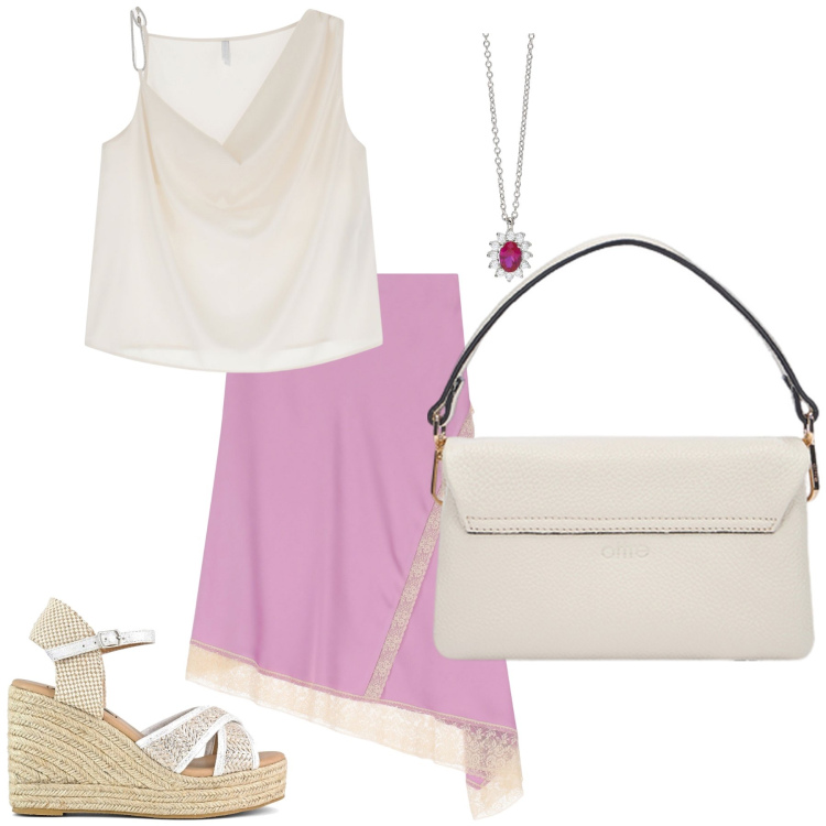 Outfit donna - Rosa trendy. Stile Glamour per Tutti i giorni. Abbinamento con collane, top, gonne longuette, zeppe, borse a tracolla.