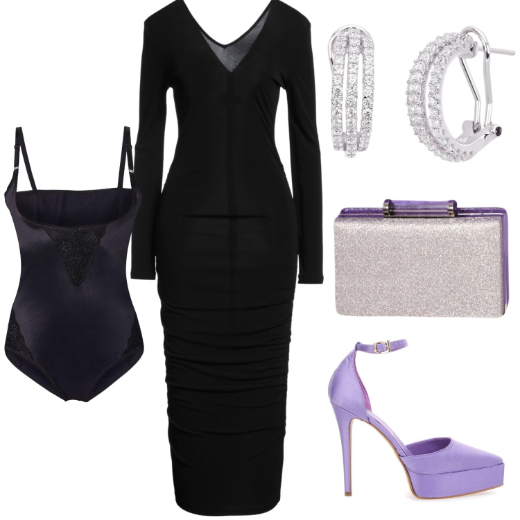 Outfit donna - Evento speciale. Stile Chic per Serata fuori. Abbinamento con body, vestiti midi/longuette, orecchini, pochette, décolleté.