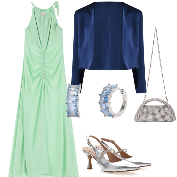Outfit donna - Verde blu argento. Stile Glamour per Cerimonia. Abbinamento con orecchini, bolero, vestiti lunghi, décolleté, clutch.