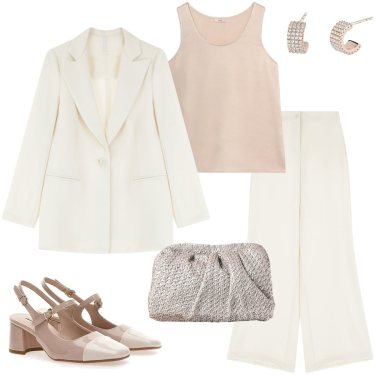Outfit donna - Eleganza del tailleur. Stile Chic per Cerimonia. Abbinamento con orecchini, clutch, blazer, pantaloni, décolleté, top.
