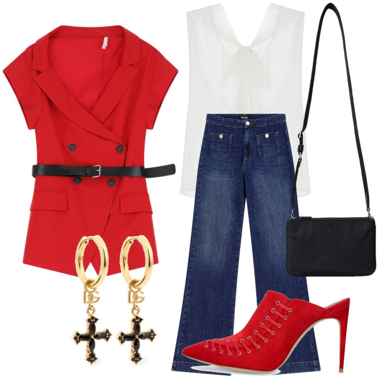 Outfit donna - Total look #2125191. Stile Casual chic per Serata fuori. Abbinamento con top, blazer, jeans a zampa, borse a tracolla, orecchini, pantofole.