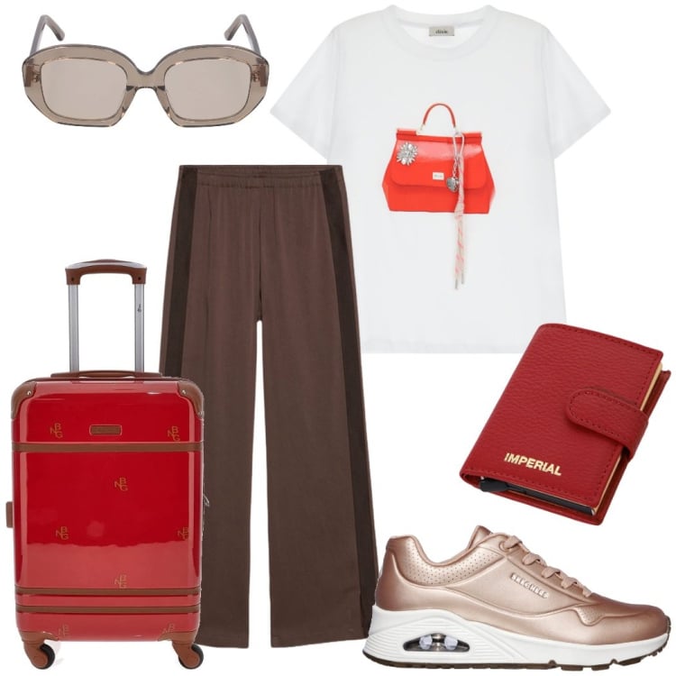 Outfit donna - Buon viaggio!. Stile Casual chic per Tutti i giorni. Abbinamento con portafogli, t-shirt, sneakers, pantaloni a palazzo, occhiali da sole, valigie.