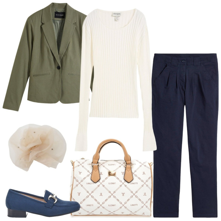 Outfit donna - In ufficio. Stile Mannish per Ufficio. Abbinamento con blazer, pantaloni chino, maglieria, foulard, mocassini, borse a mano.