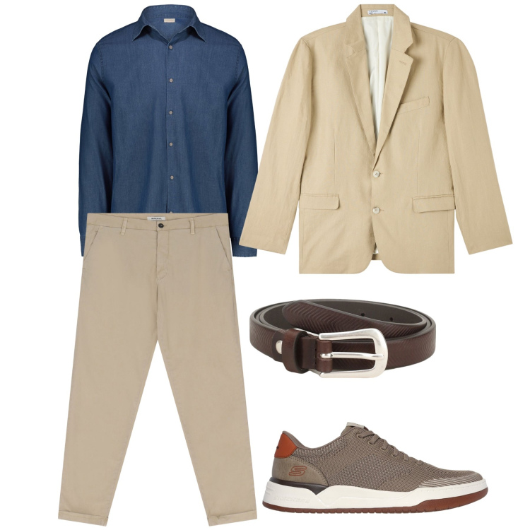 Outfit uomo - Casual in ufficio. Stile Casual Abbinamento con giacche, cinture, pantaloni chino, camicie, sneakers.
