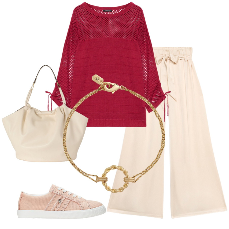 Outfit donna - Total look #2125200. Stile Casual per Tutti i giorni. Abbinamento con braccialetti, sneakers, maglieria, pantaloni a palazzo, borse a secchiello.