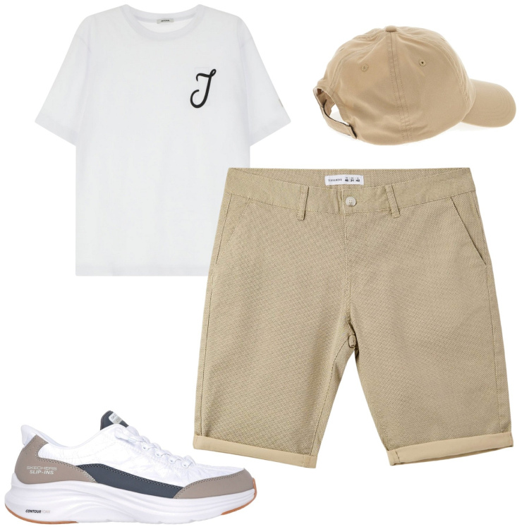 Outfit uomo - City. Stile Casual per Tutti i giorni. Abbinamento con pantaloni corti, t-shirt, cappelli, sneakers.