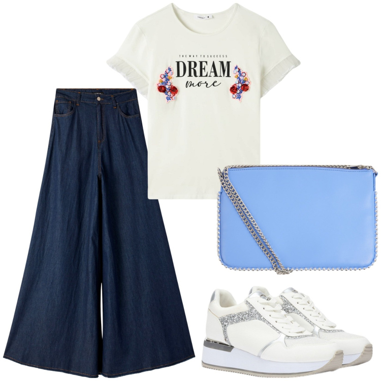 Outfit donna - Follow your dream. Stile Casual per Tutti i giorni. Abbinamento con borse a tracolla, t-shirt, jeans, sneakers.