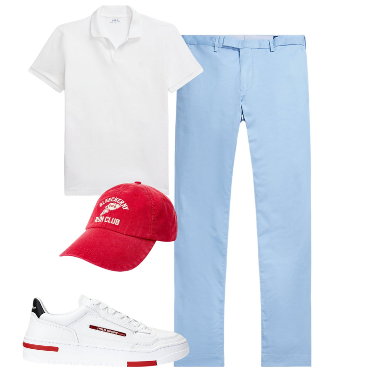 Outfit uomo - City. Stile Casual per Tutti i giorni. Abbinamento con pantaloni chino, sneakers, polo, cappelli con visiera.