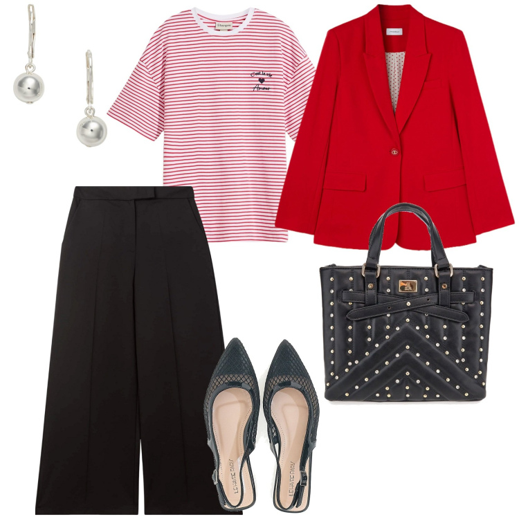 Outfit donna - Outfit sportivo con dettagli. per Tutti i giorni. Abbinamento con t-shirt, pantaloni a palazzo, orecchini, ballerine, borse a mano, blazer.