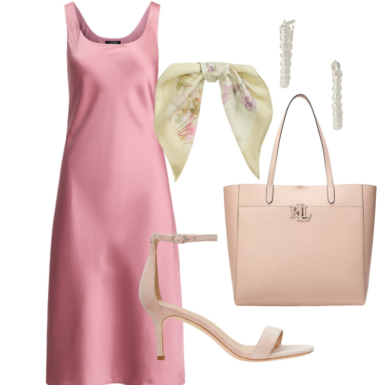 Outfit donna - Abito da cocktail in charmeuse. Stile Chic per Serata fuori. Abbinamento con orecchini, vestiti senza maniche, foulard, borse tote, sandali in pelle.