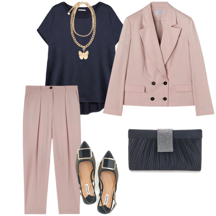 Outfit donna - Alla festa di laurea. per Cerimonia. Abbinamento con t-shirt, ballerine, pochette, pantaloni, blazer, collane.