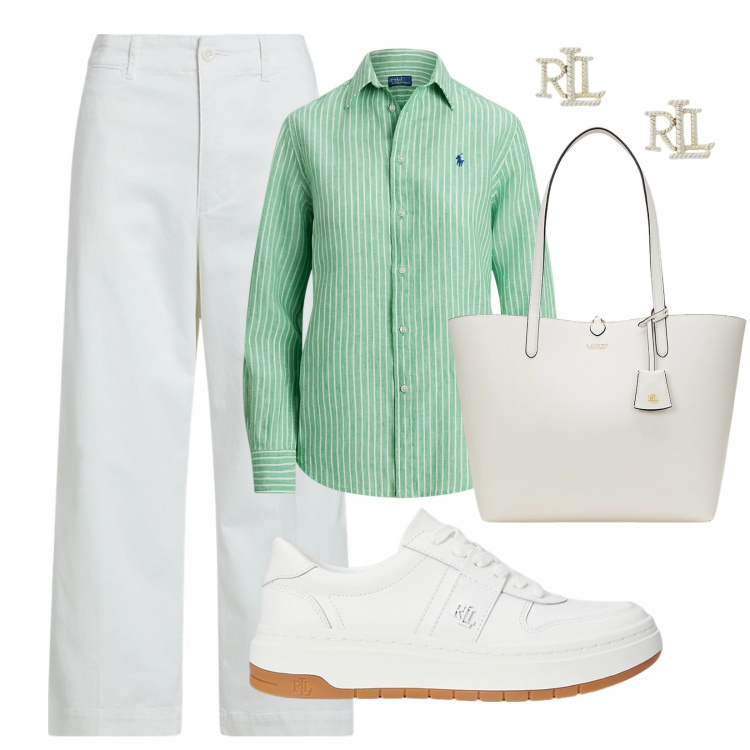 Outfit donna - La camicia a righe. Stile Casual chic per Ufficio. Abbinamento con camicie, sneakers, orecchini, pantaloni, borse tote.